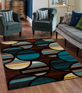 Detail of modern Nordic abstract carpet with colorful geometric circles on wooden floor