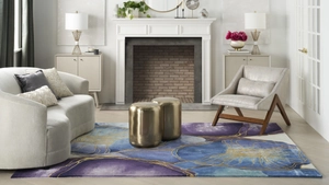 Detailed close-up showing abstract blue and purple texture on modern durable living room rug