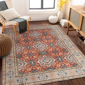 Detailed Persian rug texture with vintage floral medallion patterns in living room