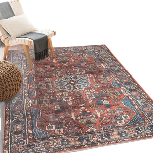 Bohemian Persian rug with geometric patterns in brick red and navy blue for living room