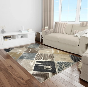 Detailed close-up of geometric pattern carpet with refined edge stitching on wood floor