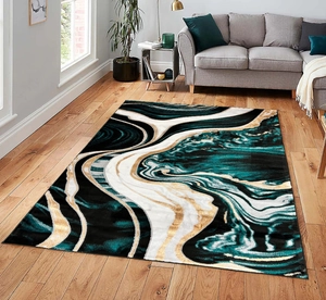 Detail of teal and gold marble texture on a modern abstract carpet over wood floor