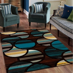 Modern abstract rug with blue, brown, and yellow geometric circles for living room decor