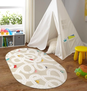 Cozy oval kids room rug with colorful car race track design on a soft beige background