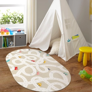Oval faux cashmere play rug with colorful car road track pattern for kids' bedrooms