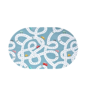 Oval blue play rug featuring white road tracks and colorful cartoon cars for kids rooms