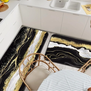 Juego de alfombras de cocina de mármol moderno con texturas abstractas negro blanco y oro