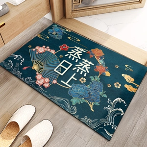 Traditional Chinese style diatomite bath mat with blue floral wave pattern for entryway