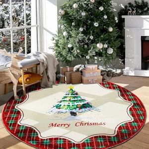 Detail view of round Christmas tree skirt with festive red green plaid border and tree pattern