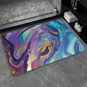 Abstract marble pattern bath mat with purple and gold sand details in bathroom