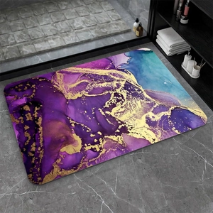 Absorbent diatomite bath mat with luxury purple marble fluid art and non-slip backing