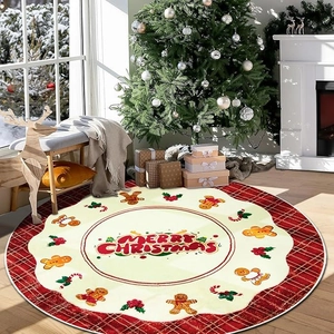 Round Christmas gingerbread man rug with red plaid border for festive home decor