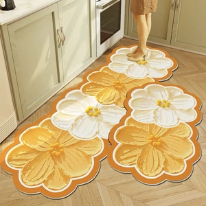 3D floral pattern kitchen rug with non-slip backing and yellow white flower texture