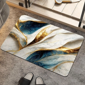 Detail of luxury marble pattern bath mat with blue and gold abstract fluid art texture