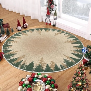 Close-up of circular Christmas tree skirt with green pine tree patterns on wooden floor