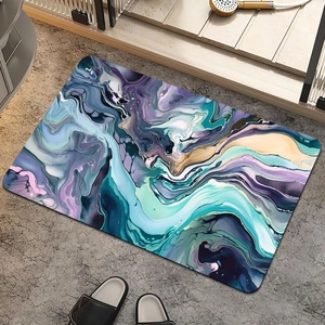 Detail view of marble pattern bath mat with fluid blue and gold marble texture art