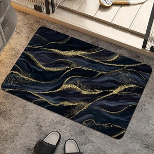 Detail of blue marble bath mat with gold accents and non-slip texture in bathroom