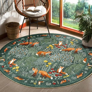 Round forest rug featuring orange foxes and trees, placed in a natural living room setting