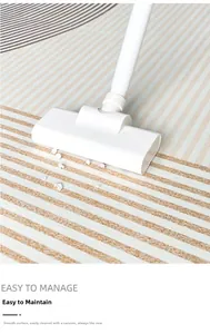 Vacuum cleaning a modern striped cashmere-style rug showing its easy to manage surface