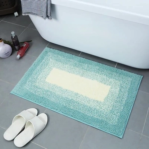 Plush faux cashmere anti-slip bathroom mat in blue and cream color block design