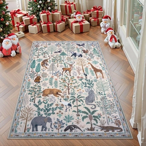 Rectangular animal world rug for kids bedroom featuring wildlife motifs on beige background