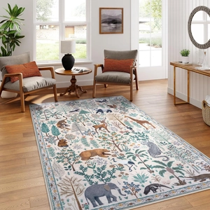 Washable animal world rectangular rug with forest elephant and giraffe for nursery