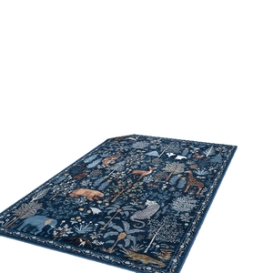 Dark blue rectangular area rug with jungle animal elephant tiger and panda patterns