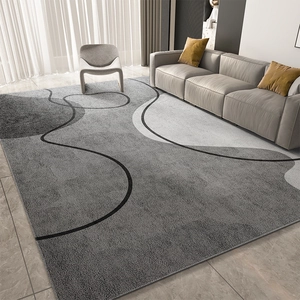 Modern minimalist gray living room rug with abstract black lines and short plush texture