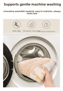 Washable modern plush rug being placed in a washing machine to show easy cleaning care