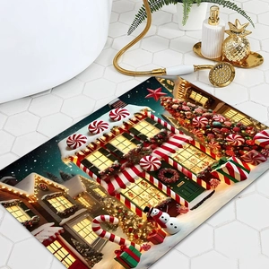 Christmas diatom mud bath mat with snowy candy house and tree on white tile floor
