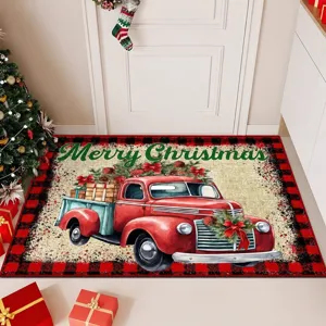 Christmas door mat with red vintage truck, Merry Christmas text and buffalo plaid border