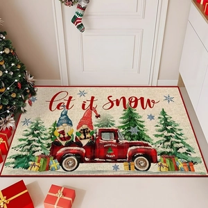 Christmas entrance mat with red truck and gnome design shown in cozy home holiday setting