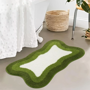 Modern minimalist green wavy faux cashmere rug for bedroom and bathroom decor
