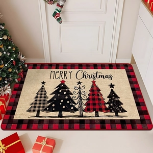 Christmas welcome mat with red plaid border and five trees on light background