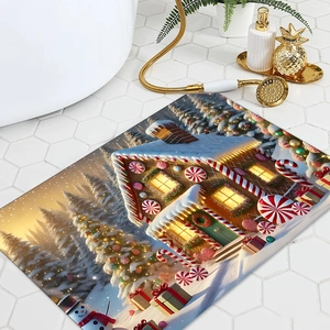 Detailed view of a Christmas gingerbread house bath mat on white hexagonal floor tiles