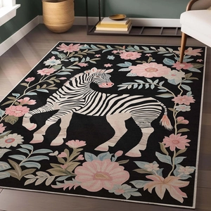 European Luxury Crystal Velvet Area Rug Zebra Floral Printed Vintage Rectangular Non-Slip Carpet For Living Room Bedroom