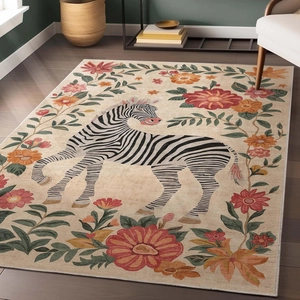 Luxurious European style zebra and floral patterned area rug for modern living rooms