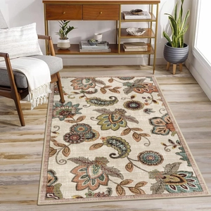 Luxurious vintage paisley floral rug in cream and teal for a classic living room style
