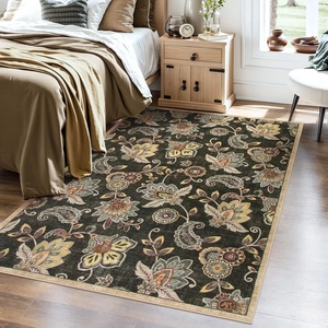 Luxurious European style paisley carpet in a cozy bedroom setting on wooden floor