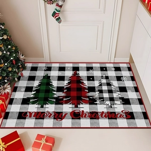Plaid Christmas tree door mat with Merry Christmas text on a terrazzo background