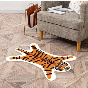 Cartoon tiger shape faux cashmere rug with vibrant orange and black stripes for living room