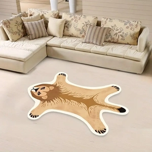 Detail of the lion-shaped faux cashmere rug with non-slip edge on a light wooden floor