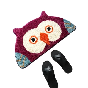 Cartoon owl shape faux cashmere rug with purple tufted texture and black crossover sandals
