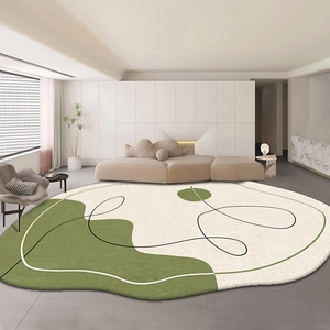Irregular minimalist faux cashmere rug with olive green and beige abstract wave design