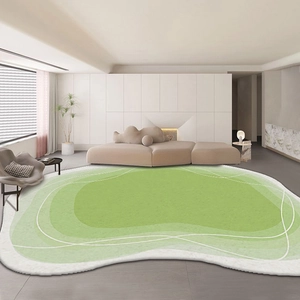 Detail of green irregular rug showing soft faux cashmere texture and white abstract lines
