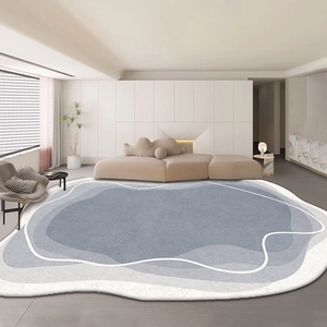 Abstract irregular wave patterned faux cashmere rug in morandi blue and grey