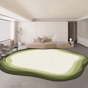 Detail of multi-toned green wavy edge faux cashmere rug in a modern living room