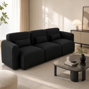 Minimalist modular 3-seater sofa in black fabric with matching cushions for home