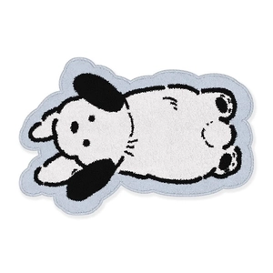 Cartoon puppy non-slip mat with fluffy white surface and blue border for home