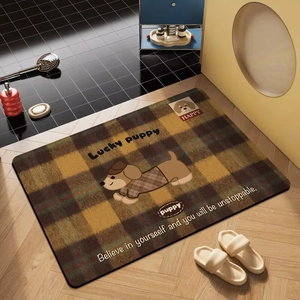 Cartoon Dog Checkered Diatom Mud Bath Mat Absorbent Non-Slip Floor Mat For Bathroom Entryway Kitchen Diatom Ooze Rug Decor